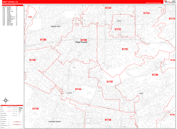 West Covina City Wall Map Red Line Style